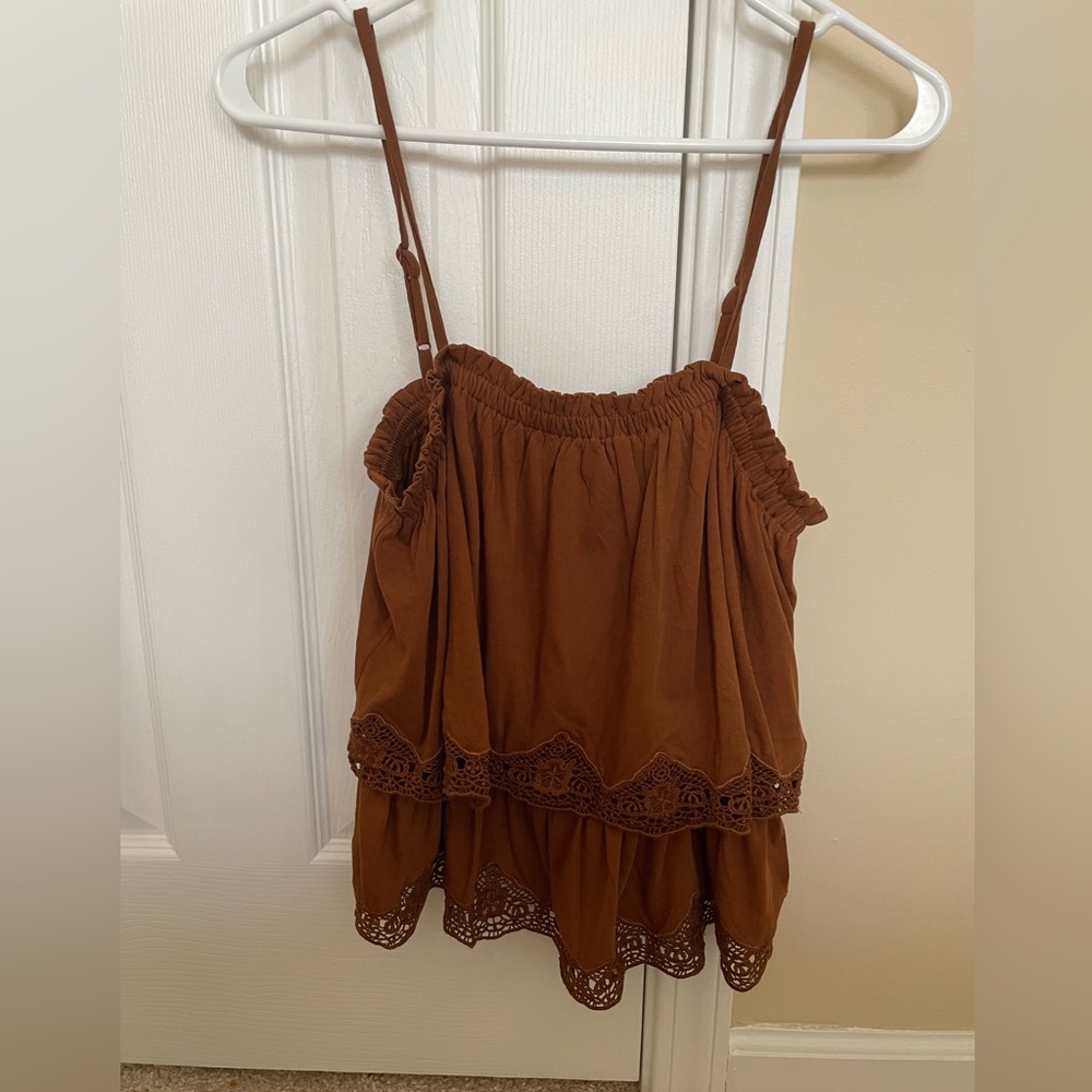 Brown Lace Trimmed Spaghetti Strap Top
